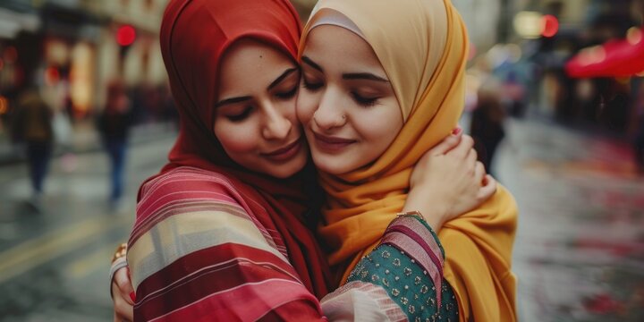 Two women embracing on a city street