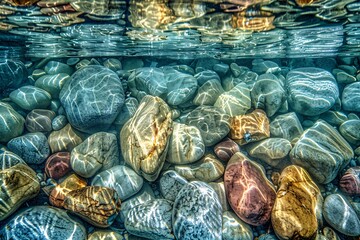 Obraz premium Smooth rocks underwater in a riverbed.