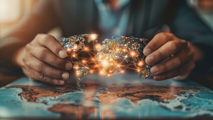 Businessman with a world map. Global business, data network and virtual connection concept.