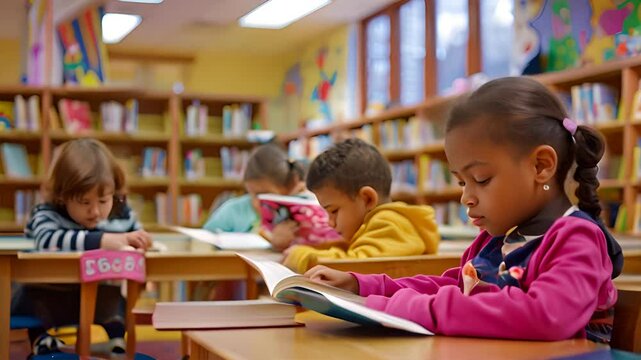 Showing children's concentration on reading. In the background is a very childlike children's library reading room.generative ai