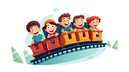 Children having a good time on a roller coaster, isolated on a white background