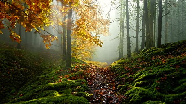 Pushing down a path in a foggy mossy maple forest amidst fall color in Autumn.