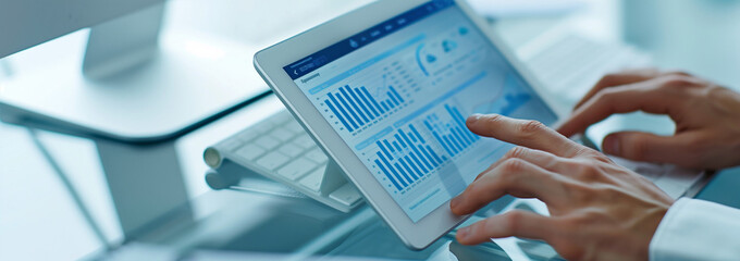 A person is sitting at their desk, typing on the keyboard of an open laptop computer that has a large screen displaying various graphs and data points. The background features a white glass table with