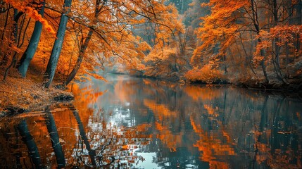 Serene Autumn River Landscape. Vibrant Fall Foliage Reflected in Water