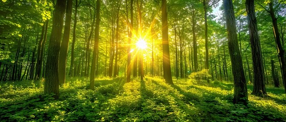 Obraz premium Forest with sun shining through trees.