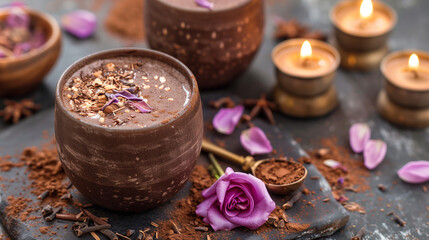 Two full cups of rich, dark chocolate drink topped with cocoa powder and rose buds on a wooden surface, candles flicker in the background, cocoa ceremony illustration, cozy and warm atmosphere