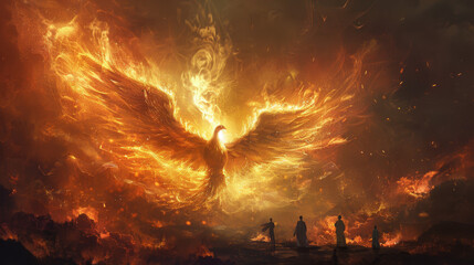 illustration of a phoenix rising from flames, with people standing below, representing their indomitable spirit. The background is a mix of dark smoke and bright flames.