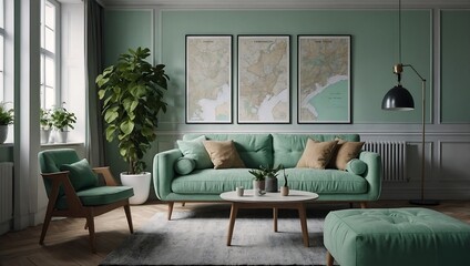 Scandinavian-style room mint sofa, mock-up map, plants, chic accents. Open dining room. Ready-to-use design