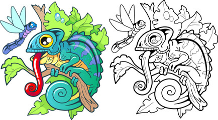 Funny chameleon and dragonfly, coloring book