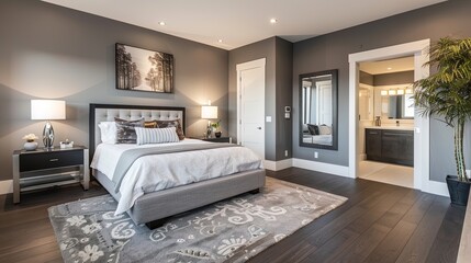 Modern bedroom featuring a comfortable bed with gray walls and hardwood floor