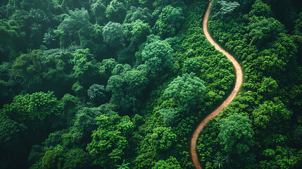 drone view photo of a natural rain forest with bush og green trees and a path going through the jungle 