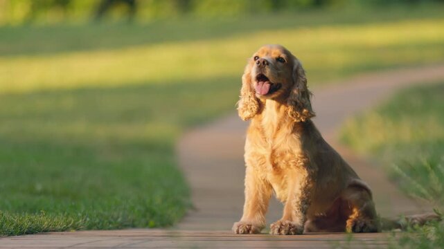 Pretty Dog English Cocker Spaniel Sits On Path In Park. Pet Dog On Walk Outdoors