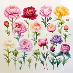 Colorful watercolor peonies ideal for wallpapers, fashion prints, gift wrapping, and branding.