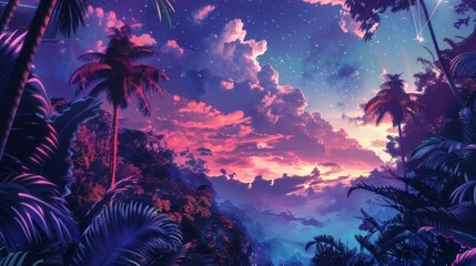 vivid cosmic jungle wallpaper , dense jungle wallpaper with stars , starry sky over dense jungle wallpaper , space jungle mural wallpaper