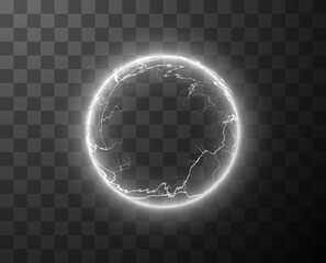 Round frame with white electrical lightning discharges.