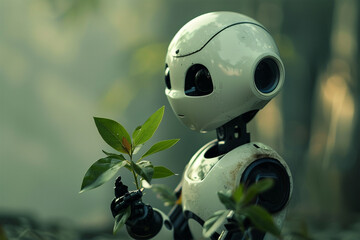 Robot Holding a Plant in a greenery Background, Robot Gently Holding a Plant in a Minimalist bokeh Setting, Robot looking at a Plant, Tech Meets Nature concept web banner, AI robot machine and nature