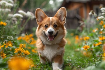 Adorable Pembroke Welsh Corgi Puppy Playing on Green Summer Grass