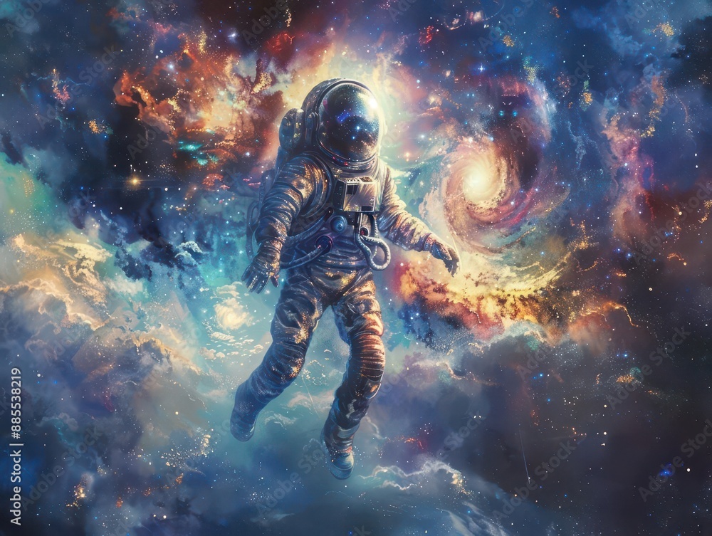 Poster ethereal astronaut portrait floating figure in iridescent spacesuit against backdrop of swirling gal