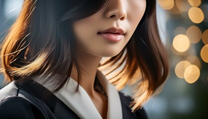 Elegant Asian Businesswoman: Radiant Close-Up Portrait Capturing Confidence and Sophistication Against Illuminated Urban Nightscape