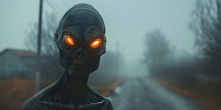 Encounter with an Alien Close-up of Extraterrestrial with Glowing Eyes in a Foggy Sky. Concept Alien Encounter, Close-up Shot, Glowing Eyes, Extraterrestrial, Foggy Sky