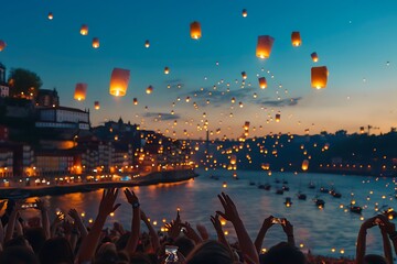 Naklejka premium People flying lanterns in the sky