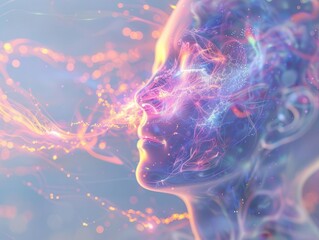 ethereal glowing neurons intertwine within a translucent human head radiating cosmic energy meditative aura surrounds hinting at interdimensional connections soft otherworldly lighting