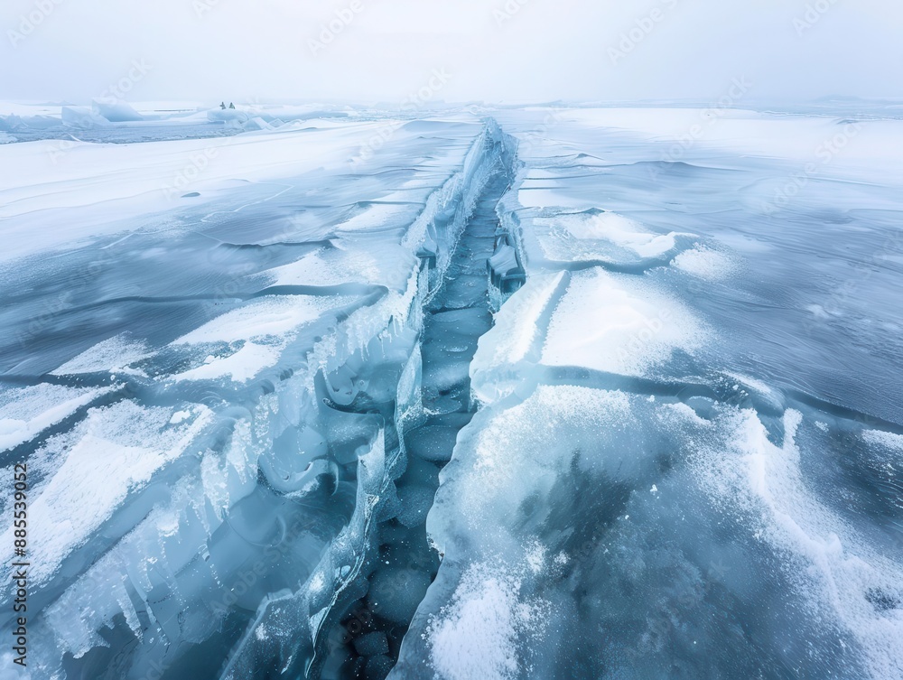 Poster ethereal winter landscape with intricate ice cracks forming a mesmerizing pattern soft blue hues and
