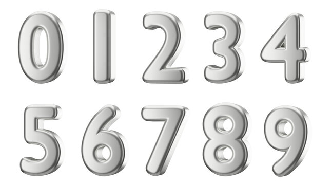 Set of 3d platinum numbers with transparent background, 3d render, PNG, 0 to 9, platinum, metallic