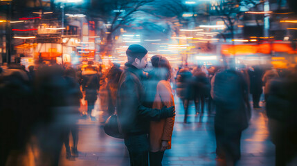 A couple kisses amidst a blurred crowd, creating an intimate moment of affection and connection within the bustling surroundings.


