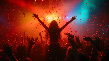 A silhouette of a woman dances with her arms raised in a concert venue, with a crowd of people around her. Confetti is falling from the ceiling, and the lights are shining brightly
