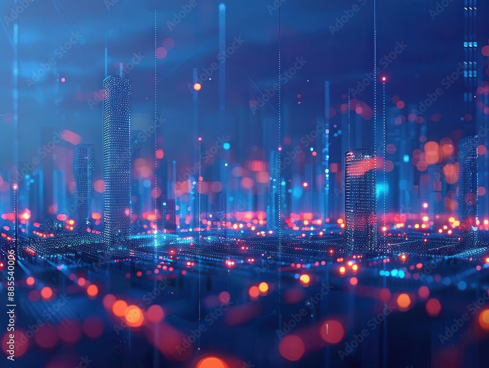 Poster futuristic cityscape with glowing network of interconnected dots and lines representing digital conn