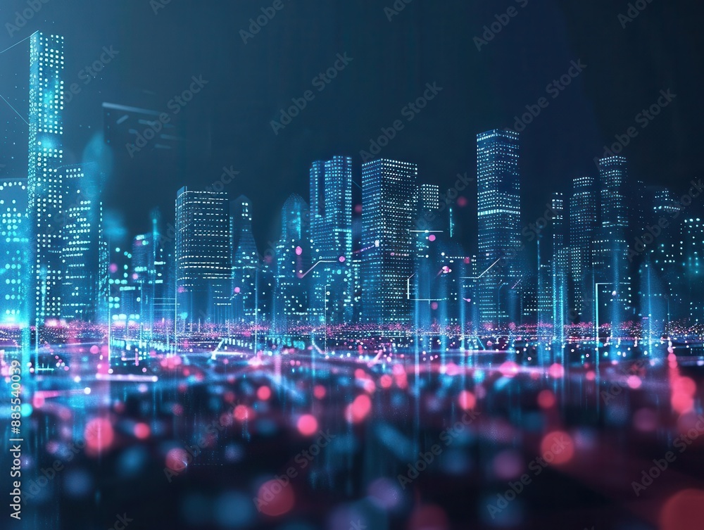 Poster futuristic cityscape with glowing network of interconnected dots and lines representing digital conn