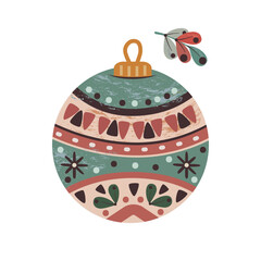 Ball element for Christmas and New Year stickers. Boho ball. Christmas tree toy in the shape of a ball with ornaments, natural colors. Holiday decor. Vector, isolated on white background