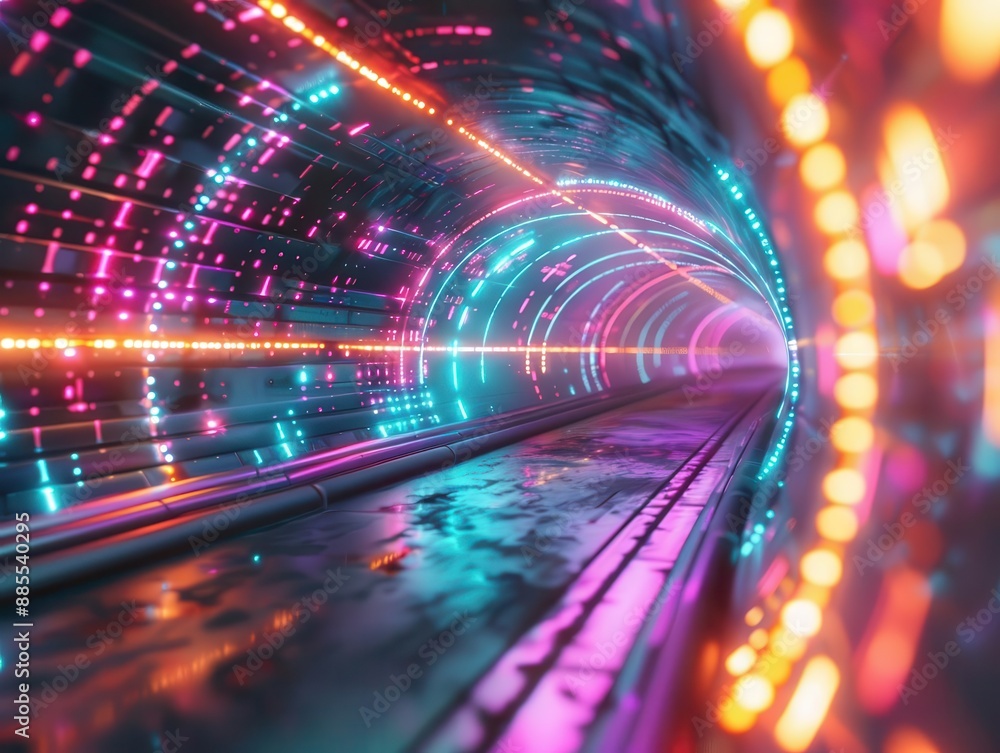 Poster futuristic digital tunnel with streaming neon lights creating illusion of highspeed movement through
