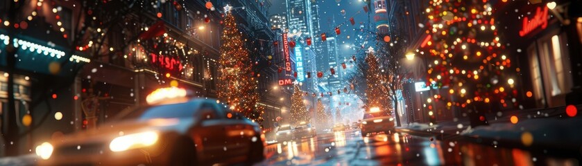 Obraz premium Capture a festive scene from a tilted angle view, blending vivid celebrations with futuristic AI breakthroughs in a digital photorealistic composition