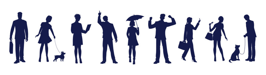 Business and other people, men, women with briefcase, smartphone, umbrella, women bag, laptop, glasses, dog. Standing, walking, emotionally gesturing, front, profile. Isolated silhouettes drawings set