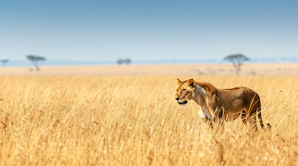 Lioness Hunting in the Tall Grass of Africa