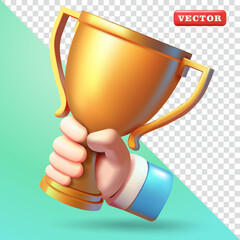 Hand holding a golden trophy, 3d vector. Suitable for design elements
