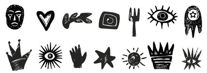 Abstract hand drawn grungy punk tribal shapes, retro naive groovy icons. Charcoal marker scribble elements, geometric shapes, eye, crown, star, flower. Vector illustration of crayon pencil 