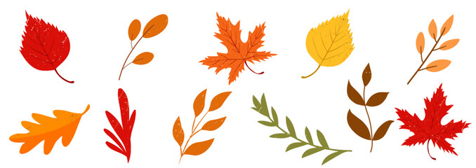 Vibrant autumn leaves colorful vector flat illustration. Collection of various branches and foliage isolated on white background. Fall season hand drawn design elements, clipart.