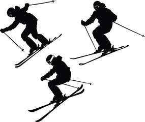 Ski Jump Silhouette, Ski Jumping Freestyle, Set of skier silhouette in action. Winter mountain fun. Silhouette ski jumps in the air black color only full body.