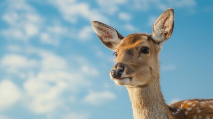 Obraz premium Female deer portrait on a blue sky background