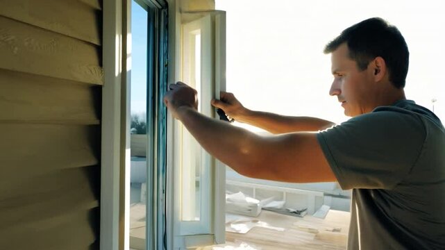 Beautiful young man building a bay window at the site of a new home