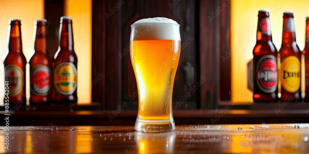 Wall mural a glass of cold foamy beer on a multicolored background