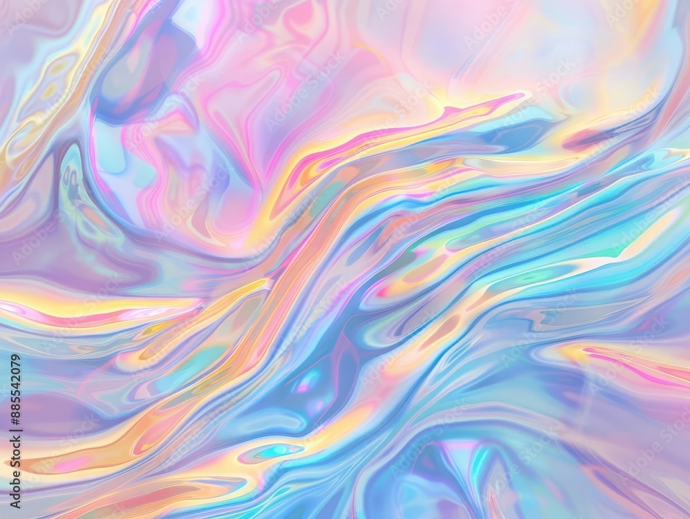 Poster iridescent holographic wave ripples across a fluid background soft gradients of pastel hues blend se