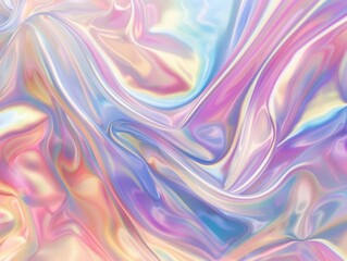 Obraz premium iridescent holographic wave ripples across a fluid background soft gradients of pastel hues blend seamlessly creating a mesmerizing ethereal effect reminiscent of soap bubbles or oil slicks