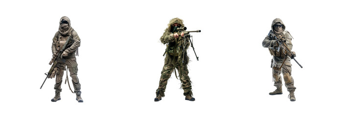 Fototapeta premium A set of Fictional soldier with full body of a Sniper in combat gear isolated on a transparent background