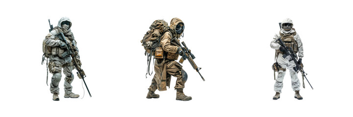 Obraz premium Set of Fictional soldier with full body of a Sniper in combat gear isolated on a transparent background