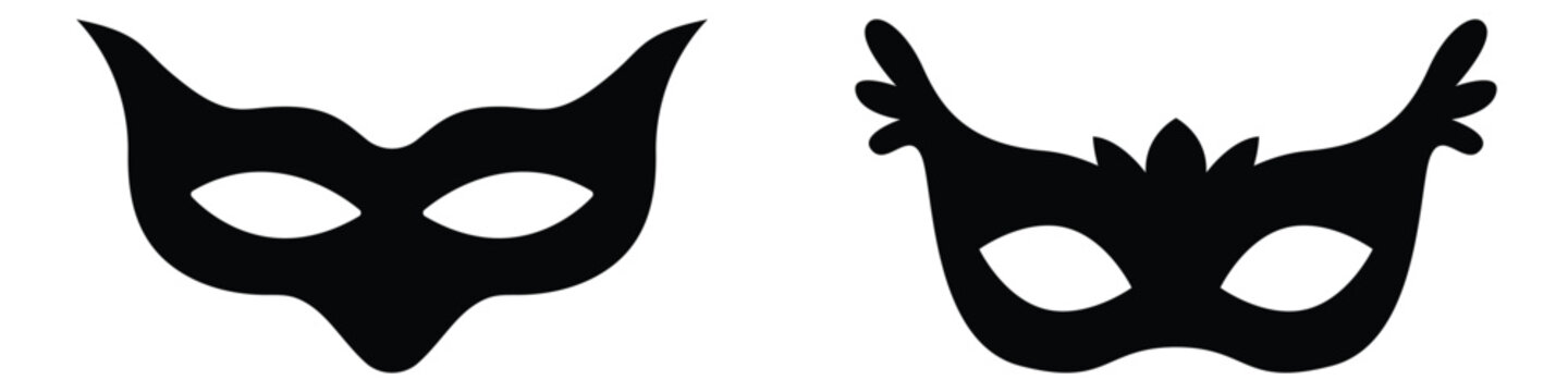 Mask superhero carnival villain or burgar vector icon set. Black masquerade costume eye mask silhouette hidden person face. Simple design incognito party masque shape vector illustration. eps 10