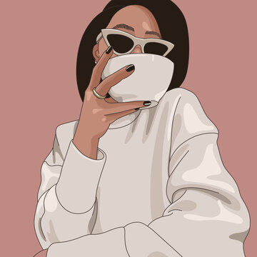 Vector Illustration of a Young Stilish Woman with Sunglasses and White Sweatshirt Sipping from a Coffee Mug on Pink Background
